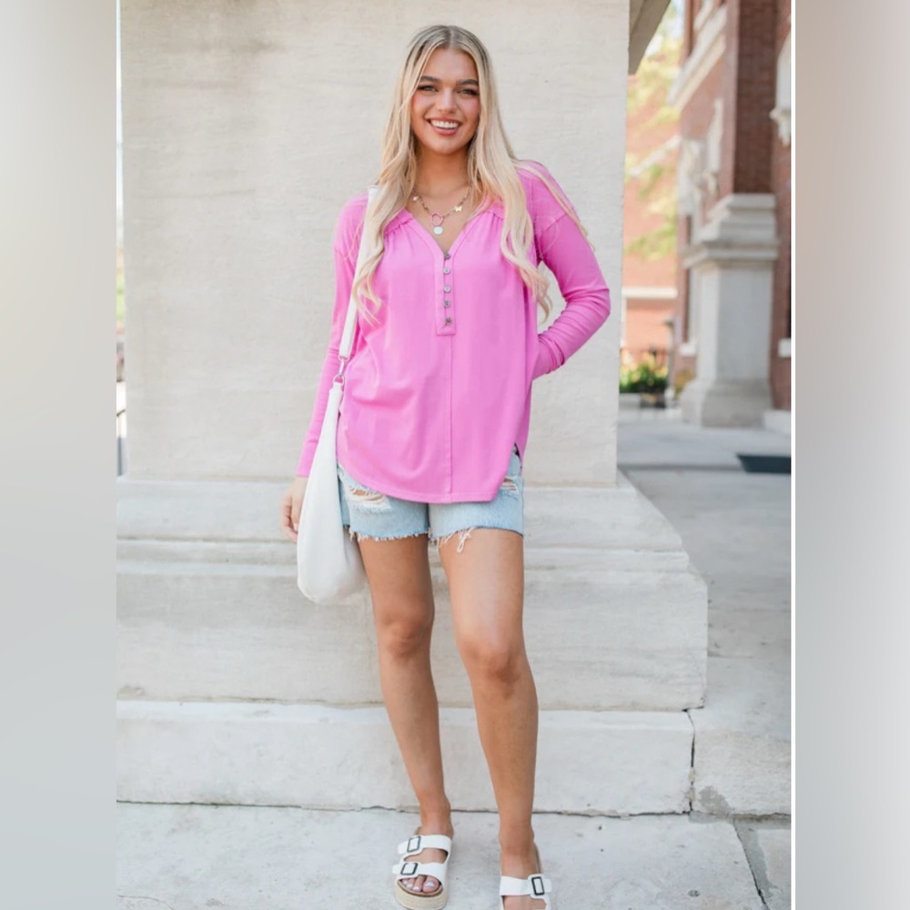 NWOT Pink Lily Pink Ribbed Knit Oversized Henley Top